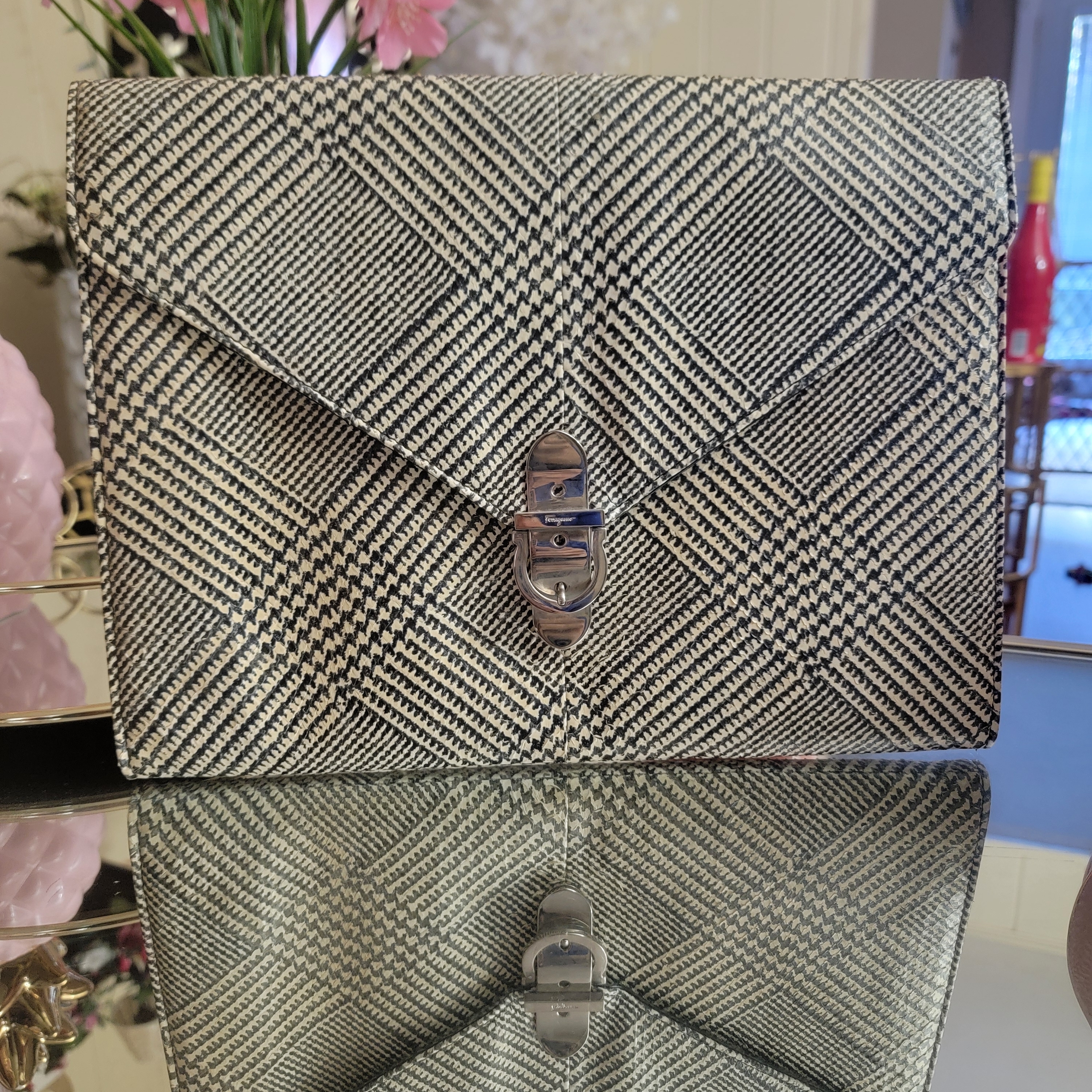 Salvatore Ferragamo Black And White Plaid Clutch